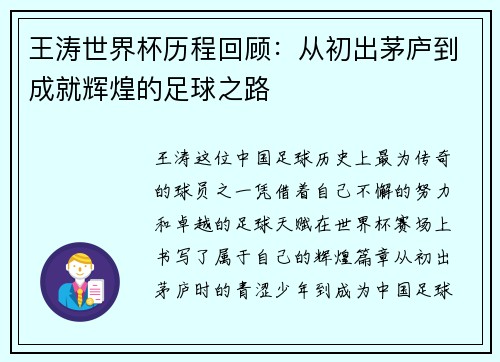 王涛世界杯历程回顾:从初出茅庐到成就辉煌的足球之路